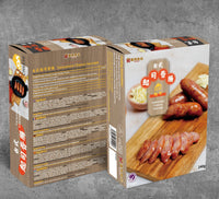 Two boxes of Taiwan frozen food with an image of a cooked Taiwanese cheese and sausage dish printed on the front and a list of ingredients and nutritional information in Chinese printed on the side.