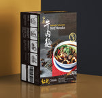 Premium Taiwan Beef Noodle Soup pack with an image of a prepared dish on the front and a dark and gold background that showcases the product's attractive appearance.