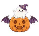 Halloween cartoon noodle packaging with cute ghost in witch hat on pumpkin, bat wings, Han Dian Biang Biang Noodle Spicy Chicken.