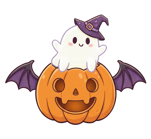 Halloween cartoon noodle packaging with cute ghost in witch hat on pumpkin, bat wings, Han Dian Biang Biang Noodle Spicy Chicken.